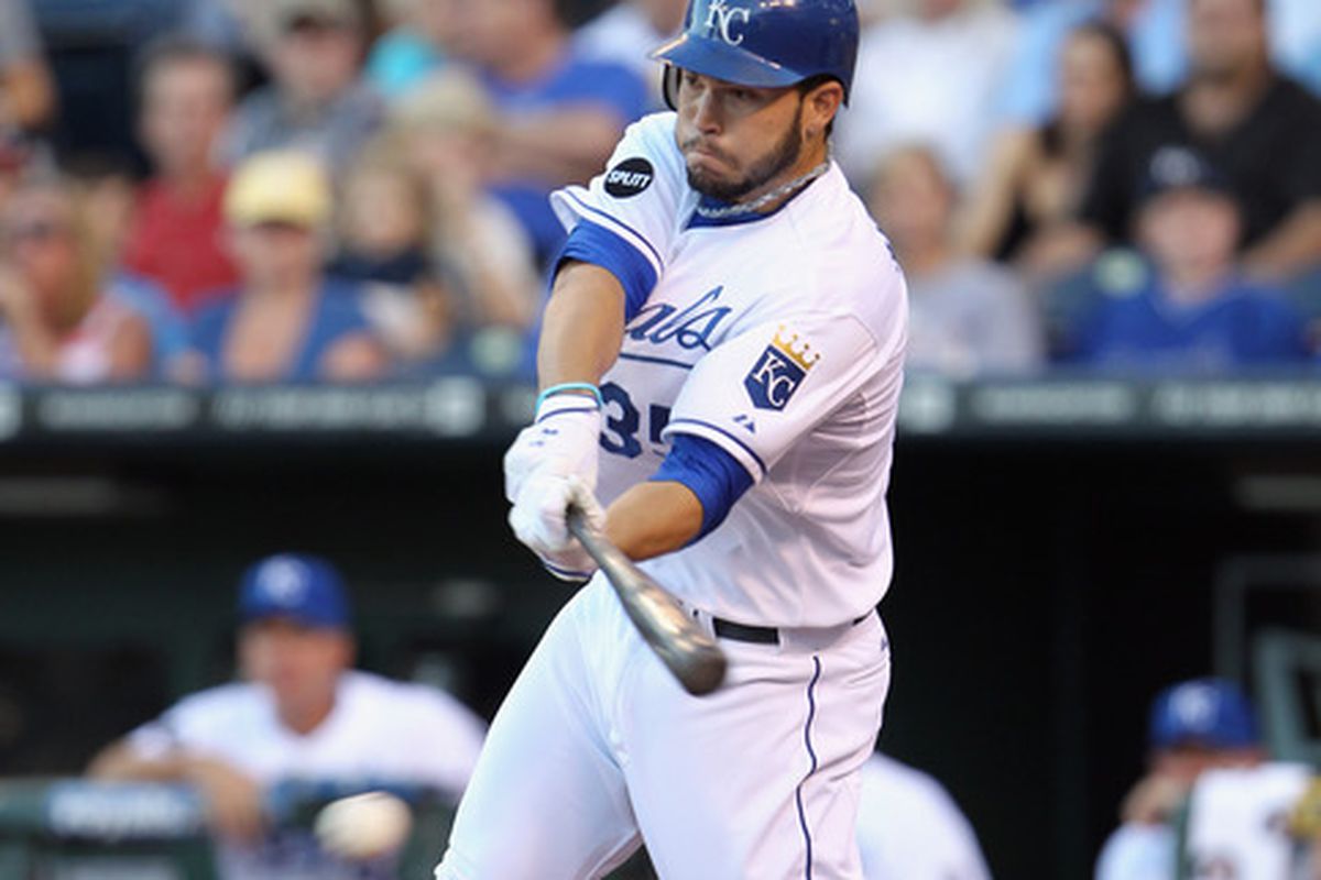 KANSAS CITY, MO - MAY 31:  Eric Hosmer #35 of the Kansas City Royals in action during the game against  the Los Angeles Angels of Anaheim on May 31, 2011 at Kauffman Stadium in Kansas City, Missouri.  (Photo by Jamie Squire/Getty Images)