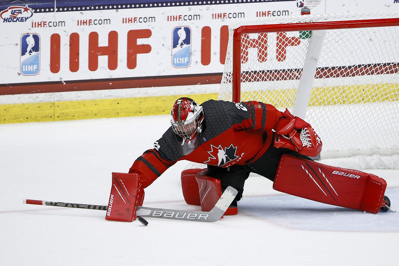 Benjamin Gaudreau #29 of Canada blocka a shot on goal against Russia in the third period during the 2021 IIHF Ice Hockey U18 World Championship Gold Medal Game at Comerica Center on May 06, 2021 in Frisco, Texas.