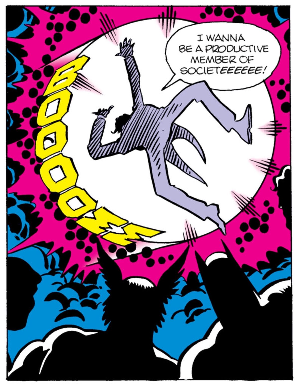 The Joker leaps into the mouth of a Boom Tube, yelling “I wanna be a productive member of societeeeeee!” in Super Powers #2, DC Comics (1984). 