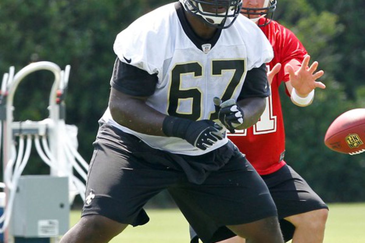 June 6, 2012; Metairie, LA, USA; New Orleans Saints rookie guard Andrew Tiller (67) during a minicamp session at the team's practice facility. Mandatory Credit: Derick E. Hingle-US PRESSWIRE