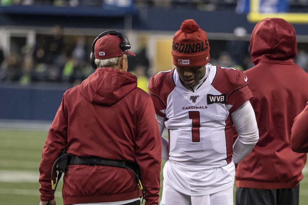 Quarterback Kyler Murray of the Arizona Cardinals stands on the sideline after sustaining a leg injury during the second half of game against the Seattle Seahawks at CenturyLink Field on December 22, 2019 in Seattle, Washington.