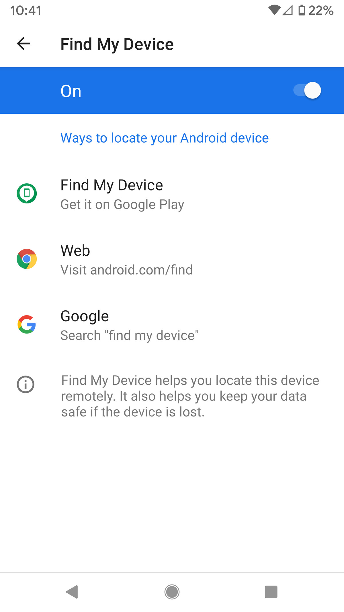Go to Settings gt; Security gt; Find My Device to make sure it’s enabled.