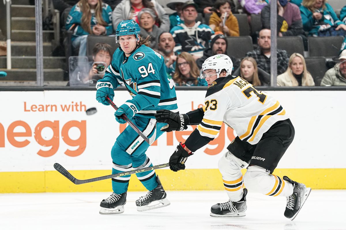 Alexander Barabanov #94 of the San Jose Sharks takes a shot on goal against Charlie McAvoy #73 of the Boston Bruins at SAP Center on January 7, 2023 in San Jose, California.