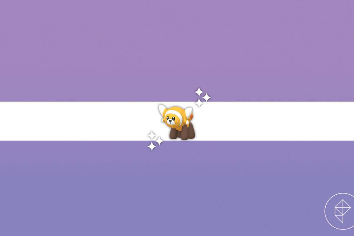 A golden shiny Stufful on a purple gradient background from Pokémon Go
