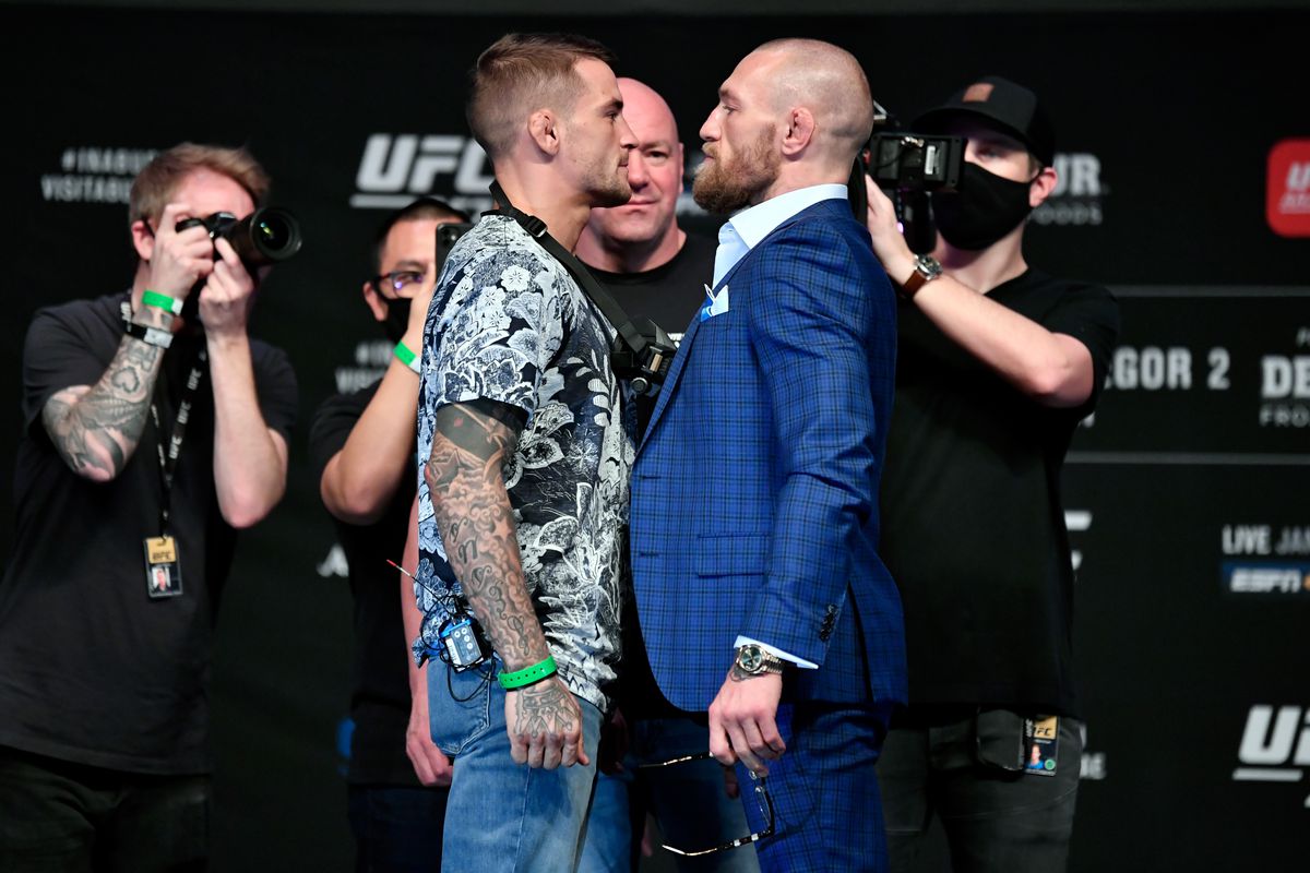 JANUARY 21: In this handout image provided by the UFC, Opponents Dustin Poirier and Conor McGregor pose face off for media during the UFC 257 press conference event inside Etihad Arena on UFC Fight Island on January 21, 2021 in Yas Island, Abu Dhabi, United Arab Emirates.