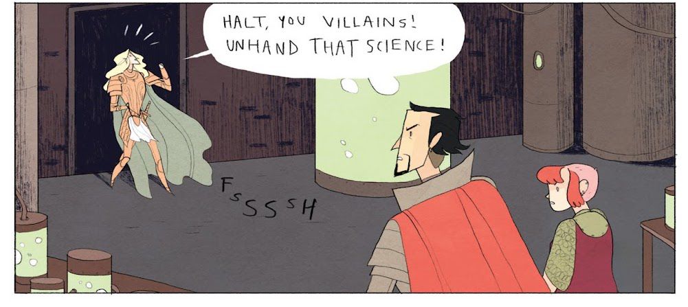 The knight Goldenloin, in golden armor and with long golden hair, charges into a science lab to confront goateed knight Ballister Blackheart and his new girl sidekick Nimona, in a panel from ND Steveson’s Nimona. Goldenloin: “Halt, you villains! Unhand that science!”