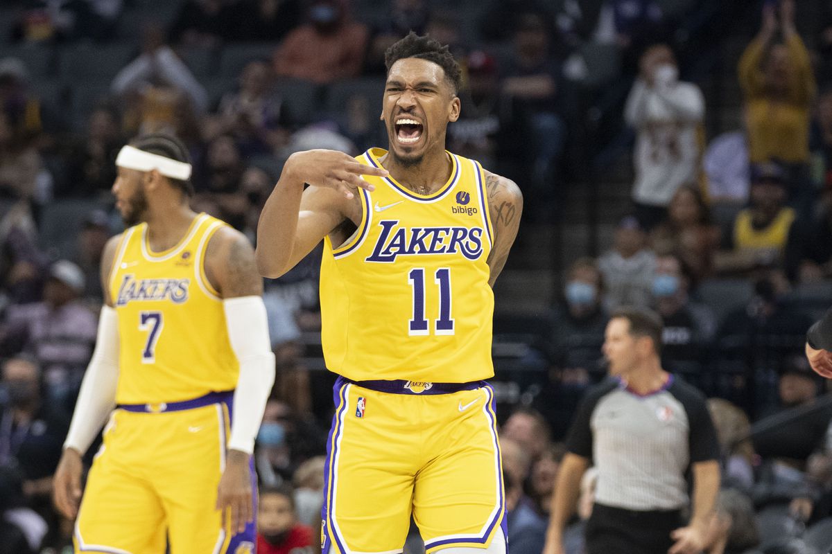 Los Angeles Lakers guard Malik Monk (11) celebrates a three-point basket against the Sacramento Kings during the third quarter at Golden 1 Center.