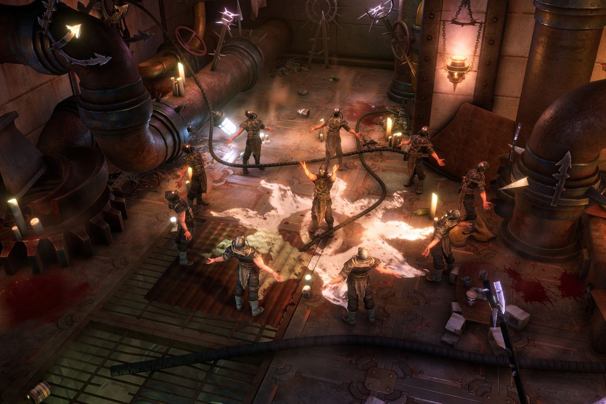 A ring of cultists forms around a singular leader, with a flaming eye insignia scrawled on the floor, in the world of Warhammer 40,000: Rogue Trader.
