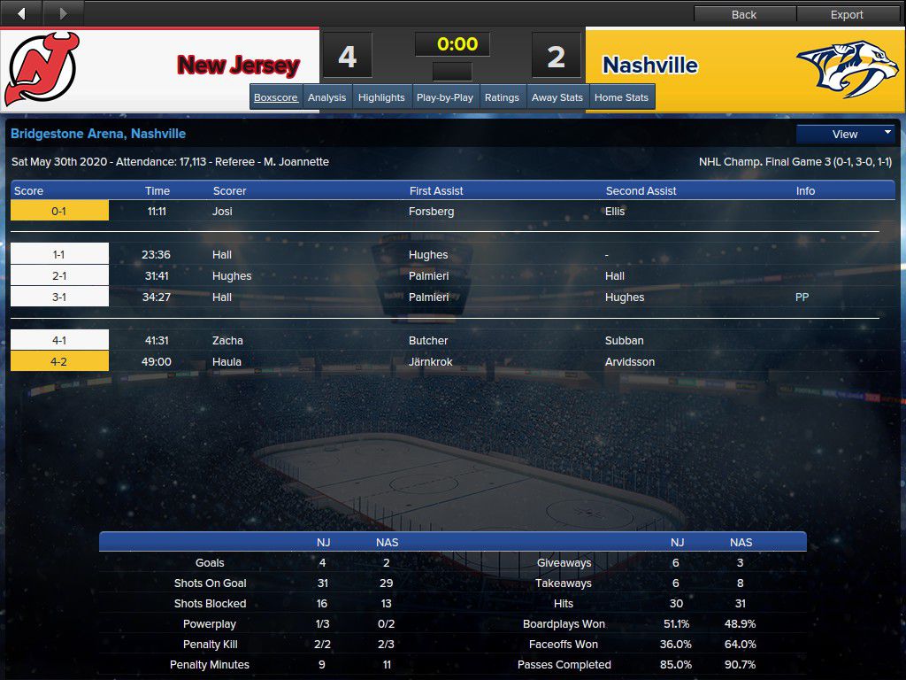 Stanley Cup Finals, Game 3 - A big second period by Hall, Hughes, and Palmieri carried the Devils.