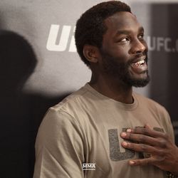 Jared Cannonier answers a question at UFC 230 media day.