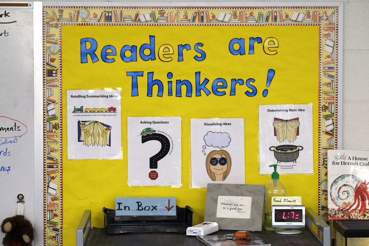 A yellow wall says “Readers are Thinkers!” in blue lettering. On the wall, are pieces of laminated paper that has pictures and words.