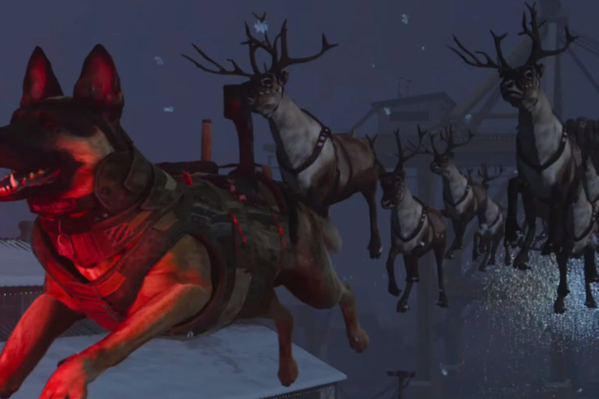 Riley, the German shepherd from 2013’s Call of Duty: Ghosts, leads Santa’s sleigh in a goofy Easter egg scene inside Call of Duty: Modern Warfare