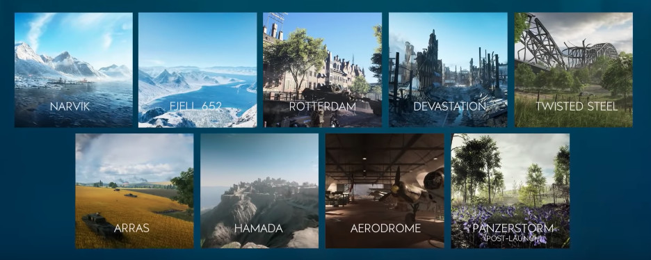 A graphic showing the eight launch maps for Battlefield 5 and the first post-launch map.