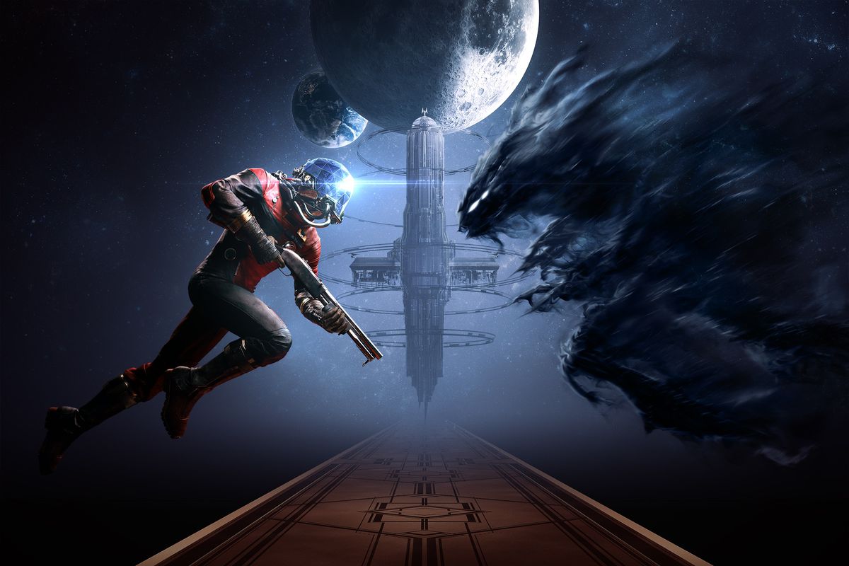 an alien and an astronaut looking at each other in space in promotional art for Prey