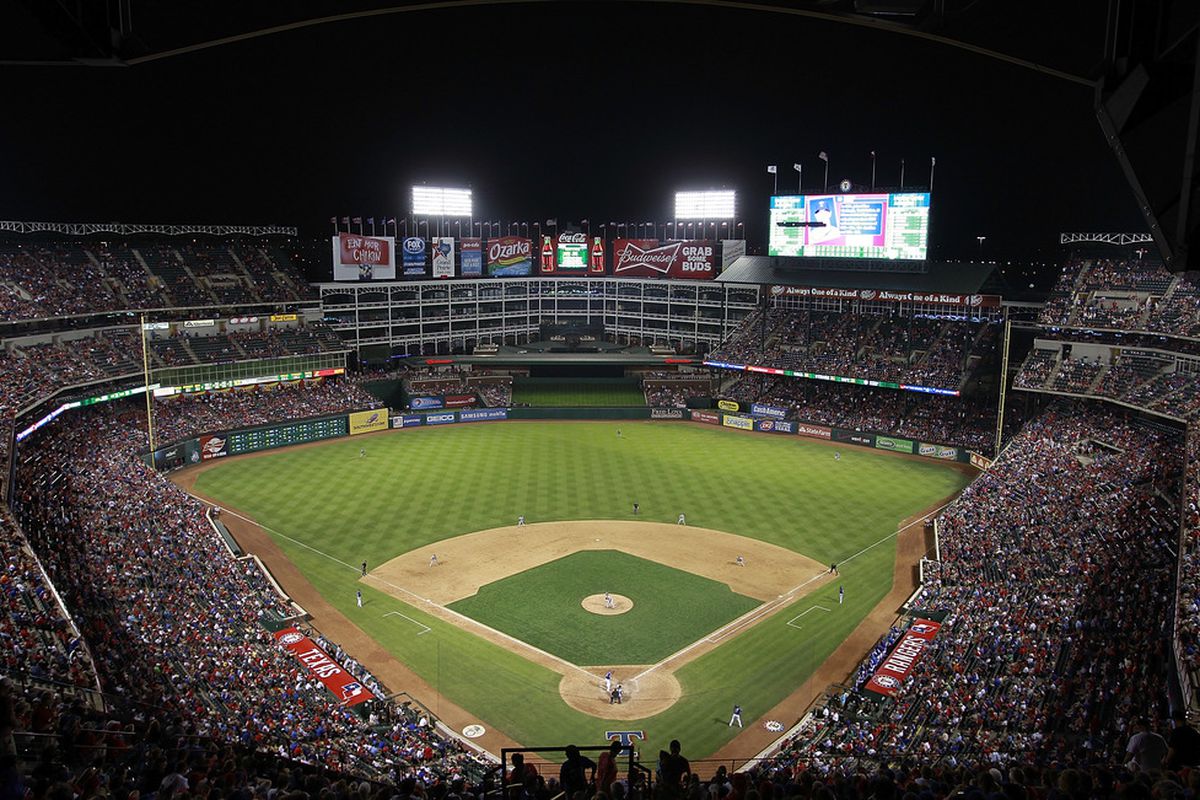 ARLINGTON, TX - APRIL 27: General view of the sellout crowd during the game between the Tampa Bay Rays and the Texas Rangers at Rangers Ballpark in Arlington on April 27, 2012 in Arlington, Texas. (Photo by Rick Yeatts/Getty Images)