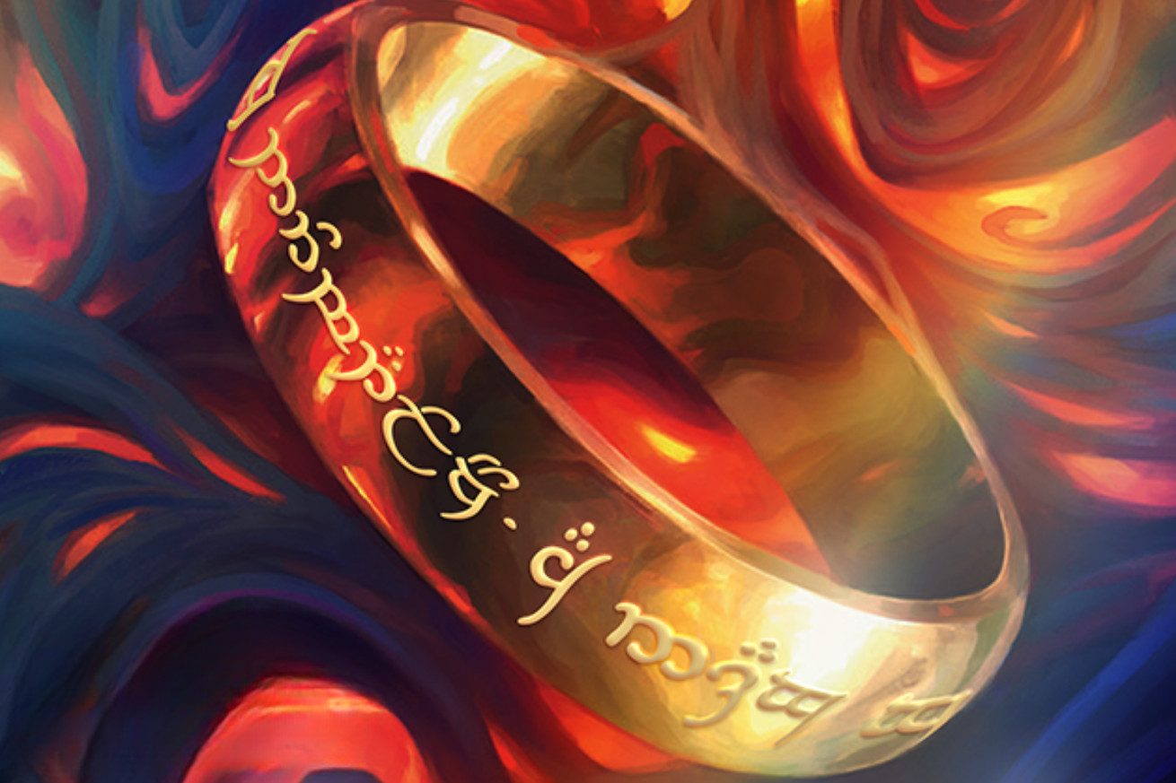 Image from the Magic: The Gathering Card the One Ring featuring a close up of a gold ring with Elvish script engraved in it.