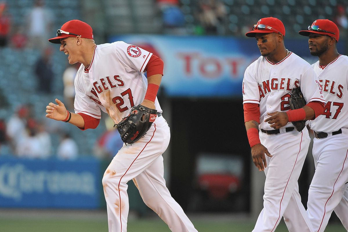 ANAHEIM, CA - MAY 15:  Mike Trout #27 celebrates a victory against the Oakland Athletics at Angel Stadium of Anaheim on May 15, 2012 in Anaheim, California.  The Angels beat the Athletics 4-0.  (Photo by Jonathan Moore/Getty Images)