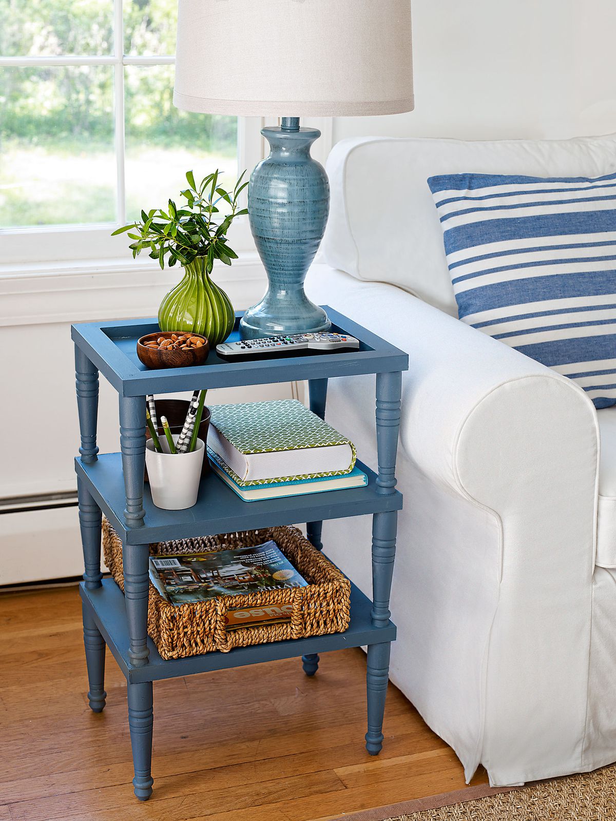 Tiered side table in blue.