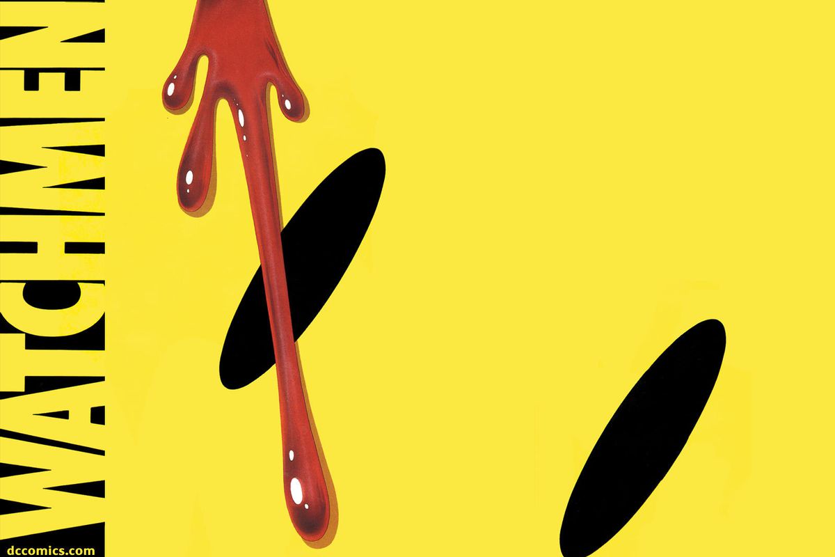 The cover of Watchmen #1 featuring the eyes of a smiley face and a splat of blood.