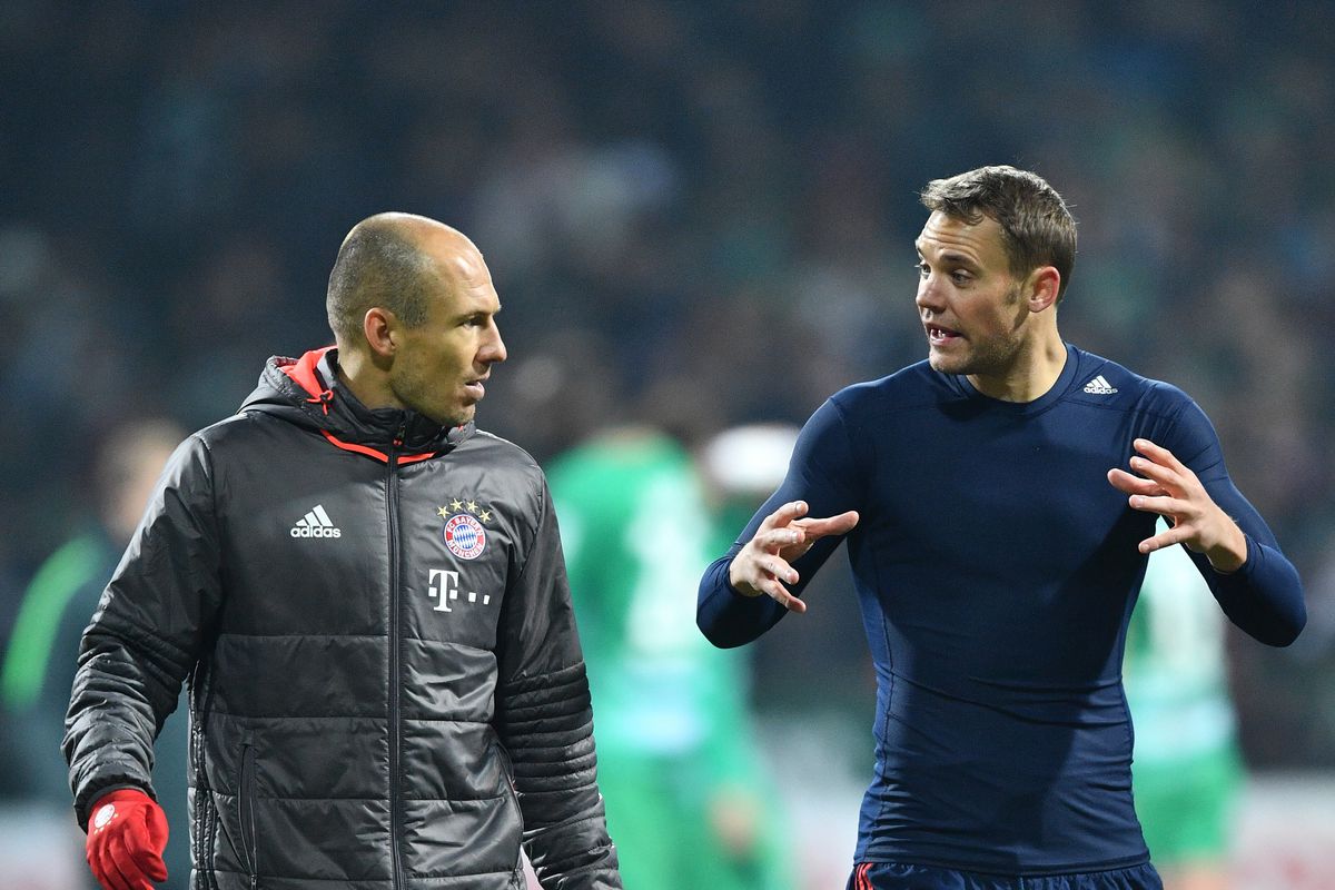 Arjen Robben and Manuel Neuer of Muenchen italk after the Bundesliga match between Werder Bremen and Bayern Muenchen at Weserstadion on January 28, 2017 in Bremen, Germany.