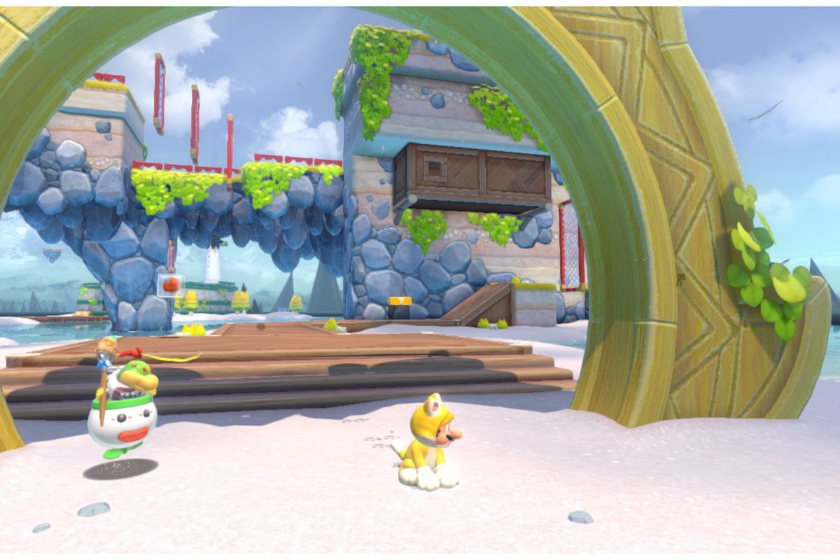 Cat Mario stands at the gates of Scamper Shores