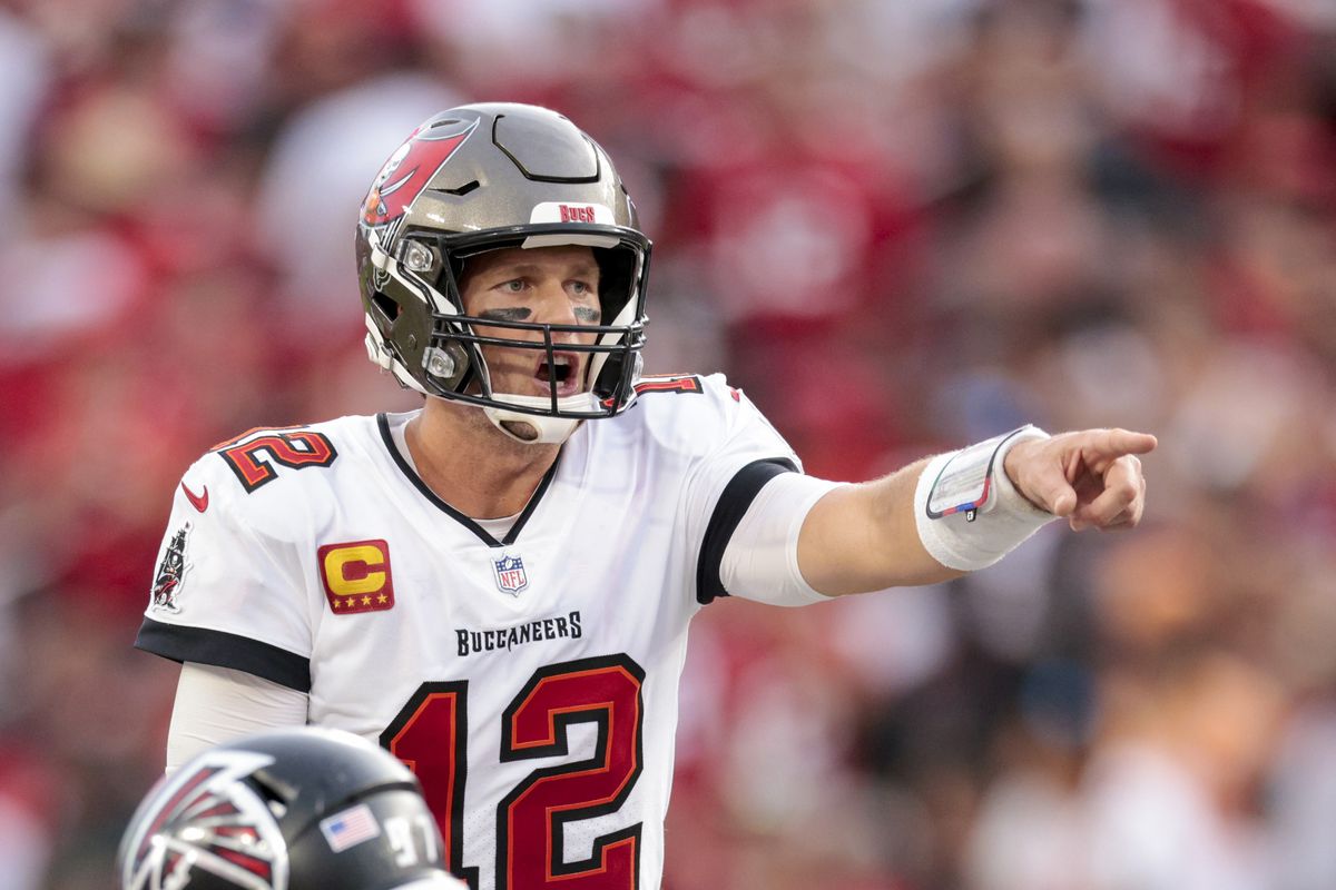 Tom Brady #12 of the Tampa Bay Buccaneers reacts during the second half against the Atlanta Falcons at Raymond James Stadium on September 19, 2021 in Tampa, Florida.