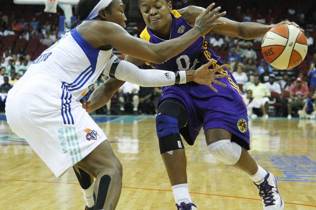 While New York Liberty guard Cappie Pondexter had a big offensive game against the Los Angeles Sparks tonight, but the team credit their defense for their second half rally. <em>Photo by Jim O'Connor-US PRESSWIRE.</em>