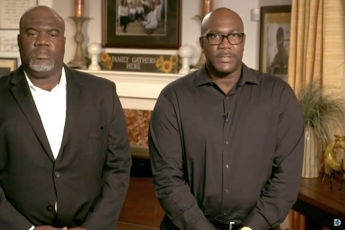 Rodney Floyd (L) and Philonise Floyd (R), brothers of George Floyd, speak on the first night of the virtual 2020 Democratic National Convention