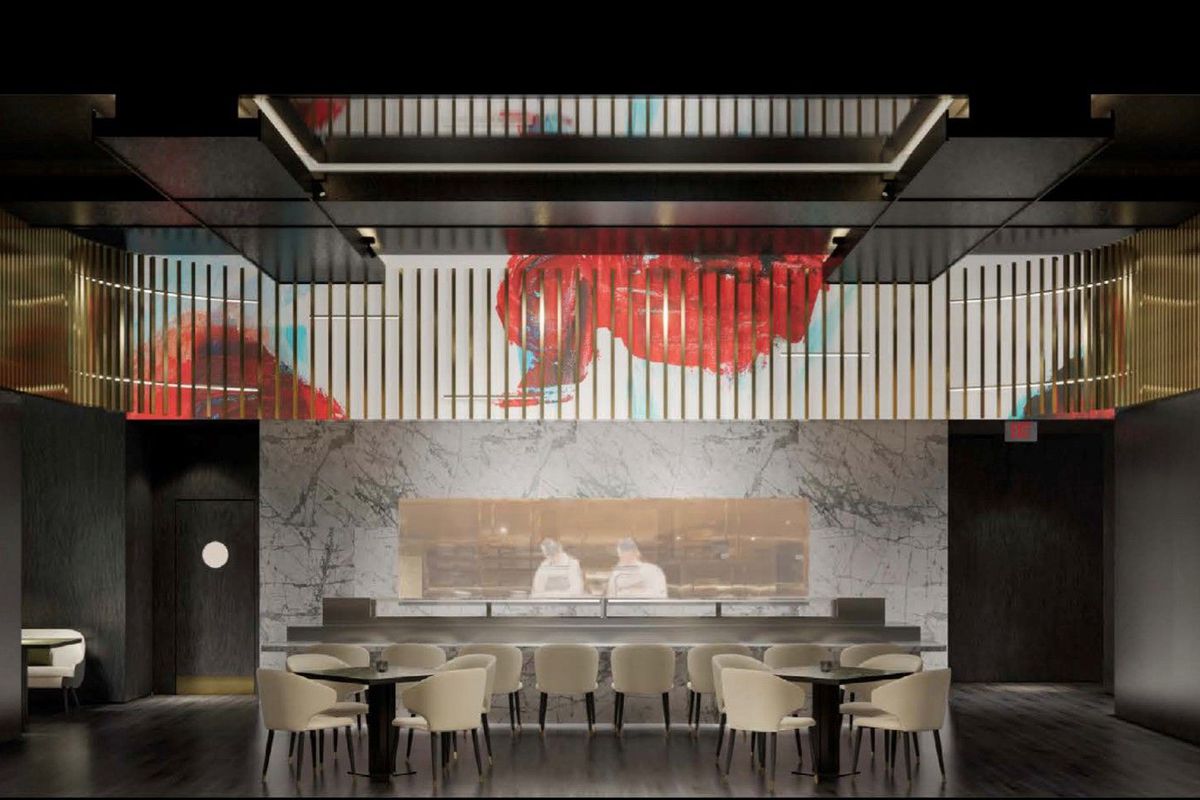 A rendering of the interior of a sushi bar, with seats facing the open kitchen and booths on either side.