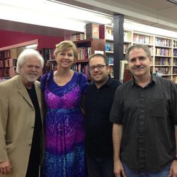 "Faith, Hope and Gravity" co-authors Merrill Osmond and Shirley Bahlmann, left, and The Good Word Podcast host Nick Galieti, second from right, pose with bookstore owner Bret Eborn of Eborn Books, right,