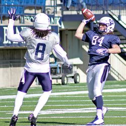 USU wide receiver Ethan Cortazzo (84) lets loose with a pass as cornerback Wesley Bailey closes in during an attempted trick play by the Aggie offense during Saturday's scrimmage at Maverik Stadium. 