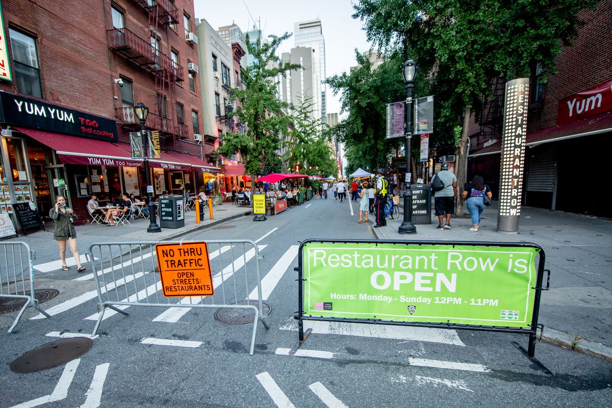 A view of the entrance sign at 46th Street which has been temporarily converted to “Restaurant Row” for outdoor dining during the fourth phase of the coronavirus pandemic reopening on September 06, 2020 in New York, New York.