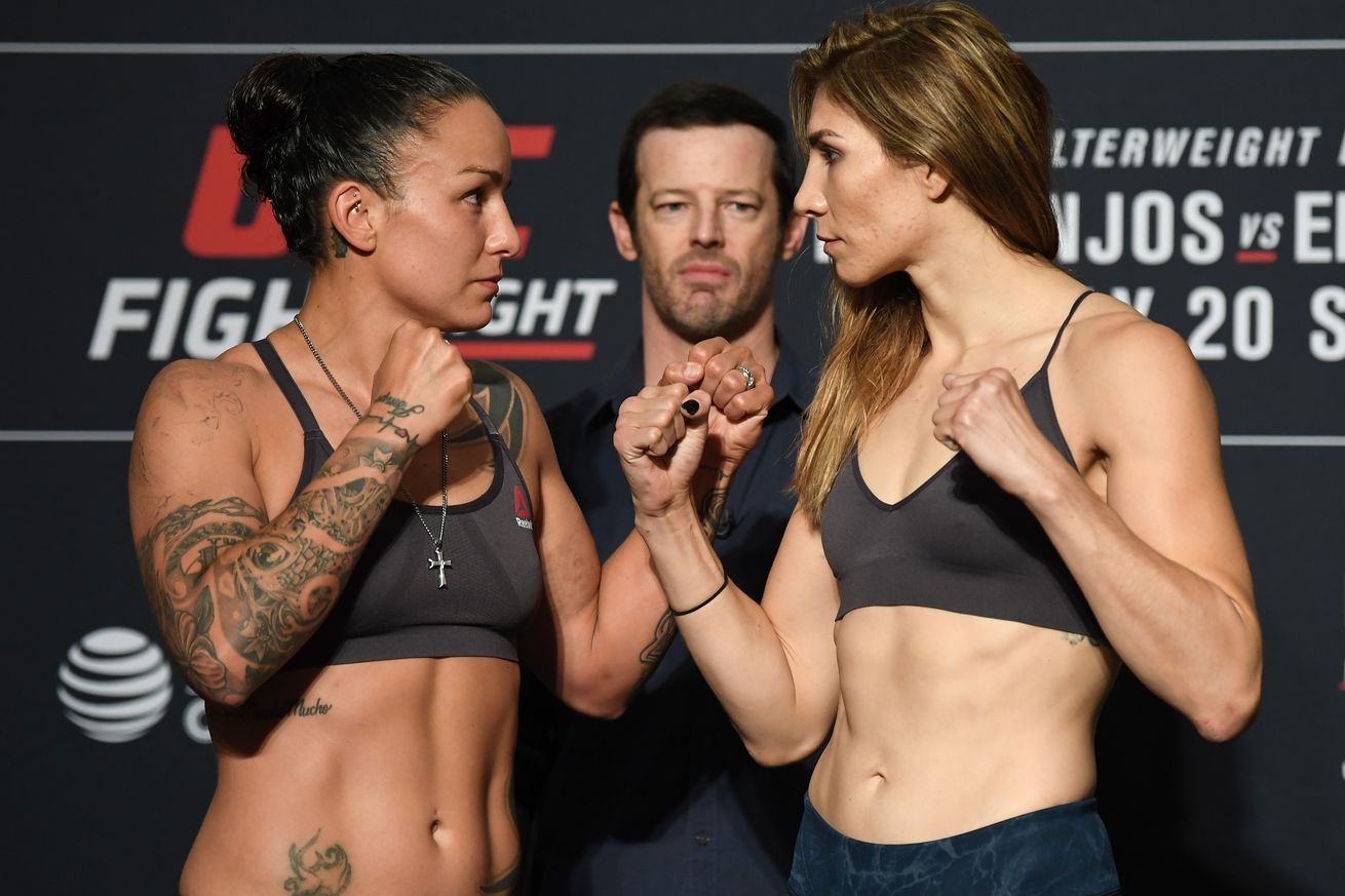 Raquel Pennington and Irene Aldana at weigh-ins for UFC on ESPN 4. 