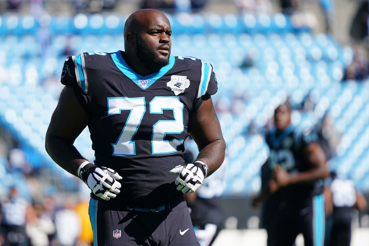 Taylor Moton #72 of the Carolina Panthers before their game against the Tennessee Titans at Bank of America Stadium on November 03, 2019 in Charlotte, North Carolina.