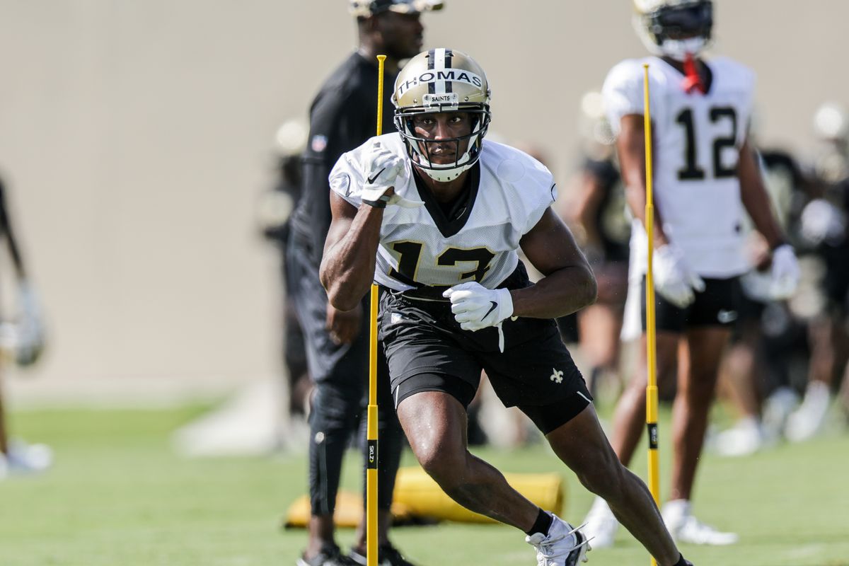 New Orleans Saints wide receiver Michael Thomas (13) works on receiver drills during training camp at Ochsner Sports Performance Center.
