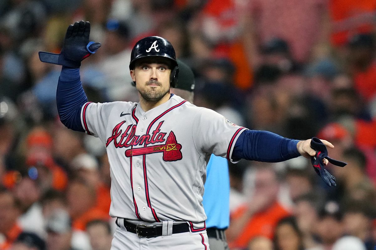 Adam Duvall #14 of the Atlanta Braves reacts to hitting a single in the sixth inning during Game 6 of the 2021 World Series between the Atlanta Braves and the Houston Astros at Minute Maid Park