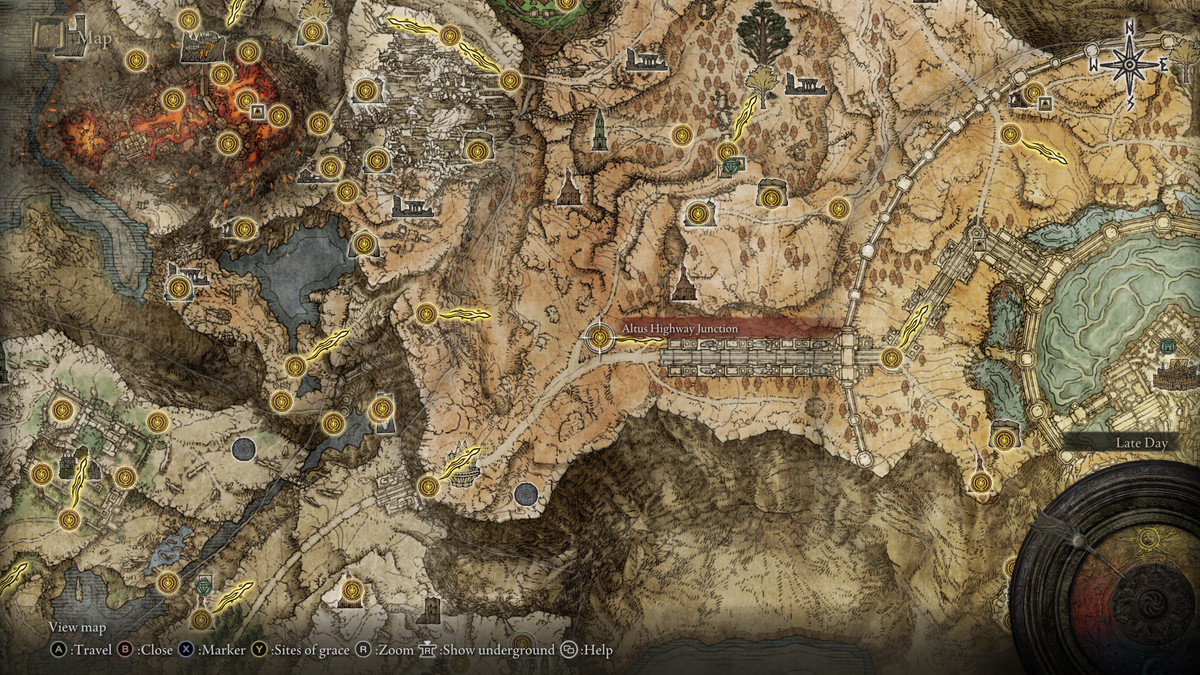 Elden Ring map showing the location of Brother Corhyn in the Altus Plateau.