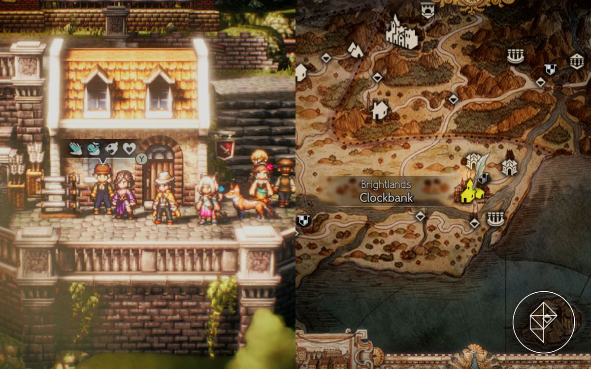 A man stands outside a weapon shop in Octopath Traveler 2
