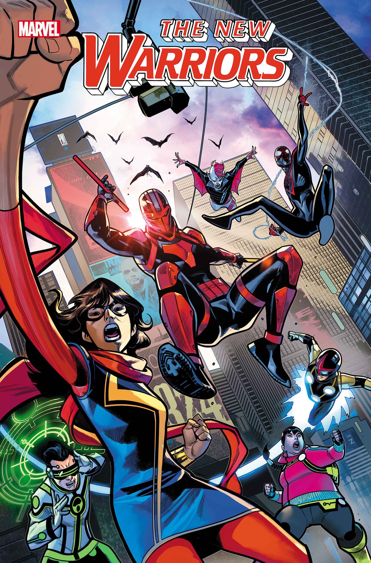 The New Warriors battle the Champions on the cover of New Warriors #3, Marvel Comics (2020). 