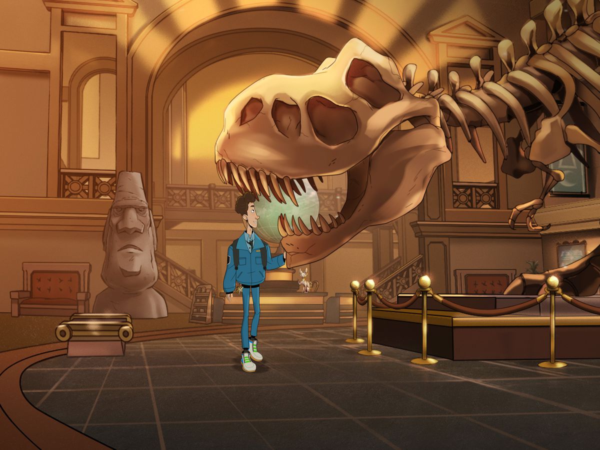 an animated teenage boy in a security guard outfit, walking beneath a large t-rex in a dimly lit museum 