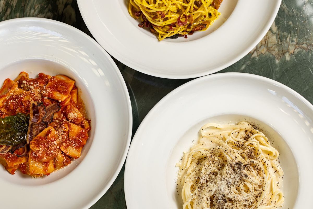 Assorted pasta dishes.