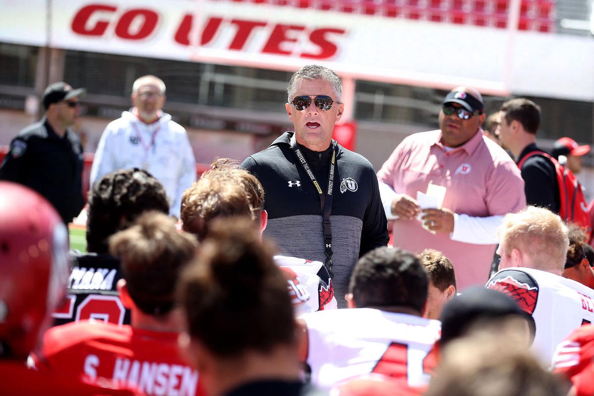 Utah Coach Kyle Whittingham speaks to his team after the annual Red & White Spring Game at Rice-Eccles Stadium in Salt Lake City on Saturday, April 15, 2017.  
