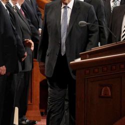 President Thomas S. Monson arrives at the afternoon session of the 183rd Annual General Conference of The Church of Jesus Christ of Latter-day Saints in the Conference Center in Salt Lake City on Sunday, April 7, 2013. 