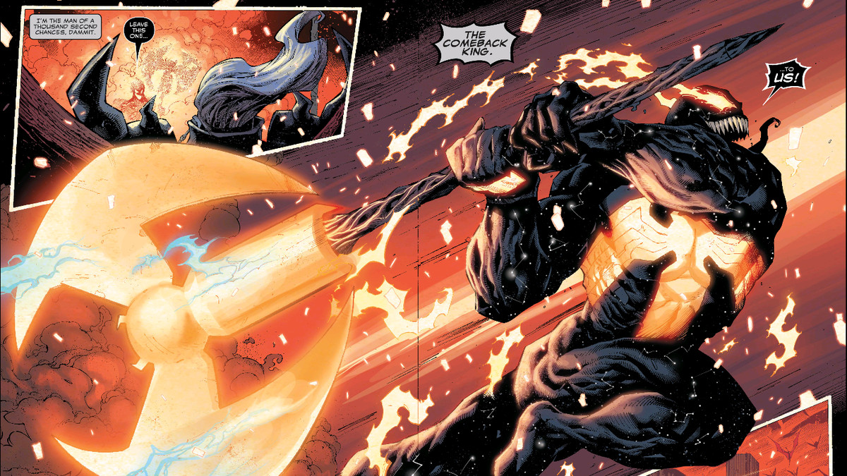 Venom leaps across a double page spread, wielding a giant two-handed axe made from Mjolnir and the Silver Surfer’s board in King in Black #5, Marvel Comics (2021). 
