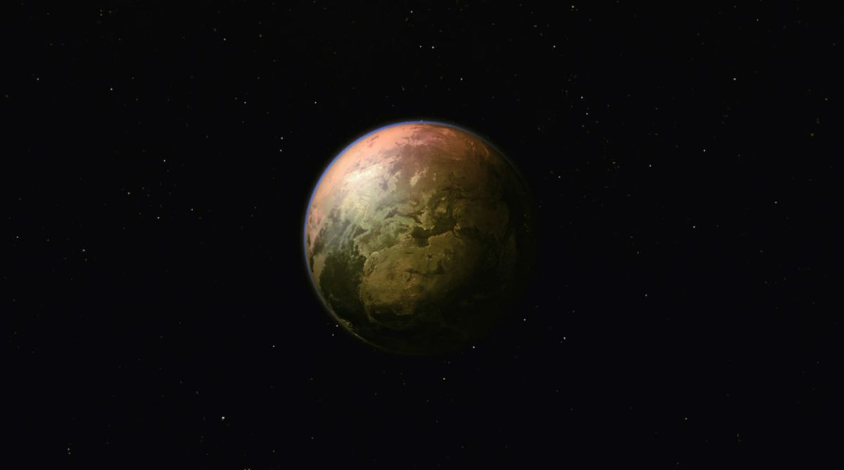 A red and brown desert planet seen from orbit in Trigun Stampede