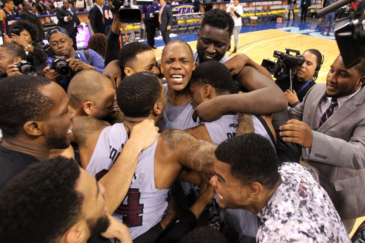 Mar 15, 2014; Norfolk, VA, USA; The North Carolina Central Eagles celebrates beating the Morgan State Bears in the championship game of the MEAC Conference college basketball tournament at the Norfolk Scope Arena. 