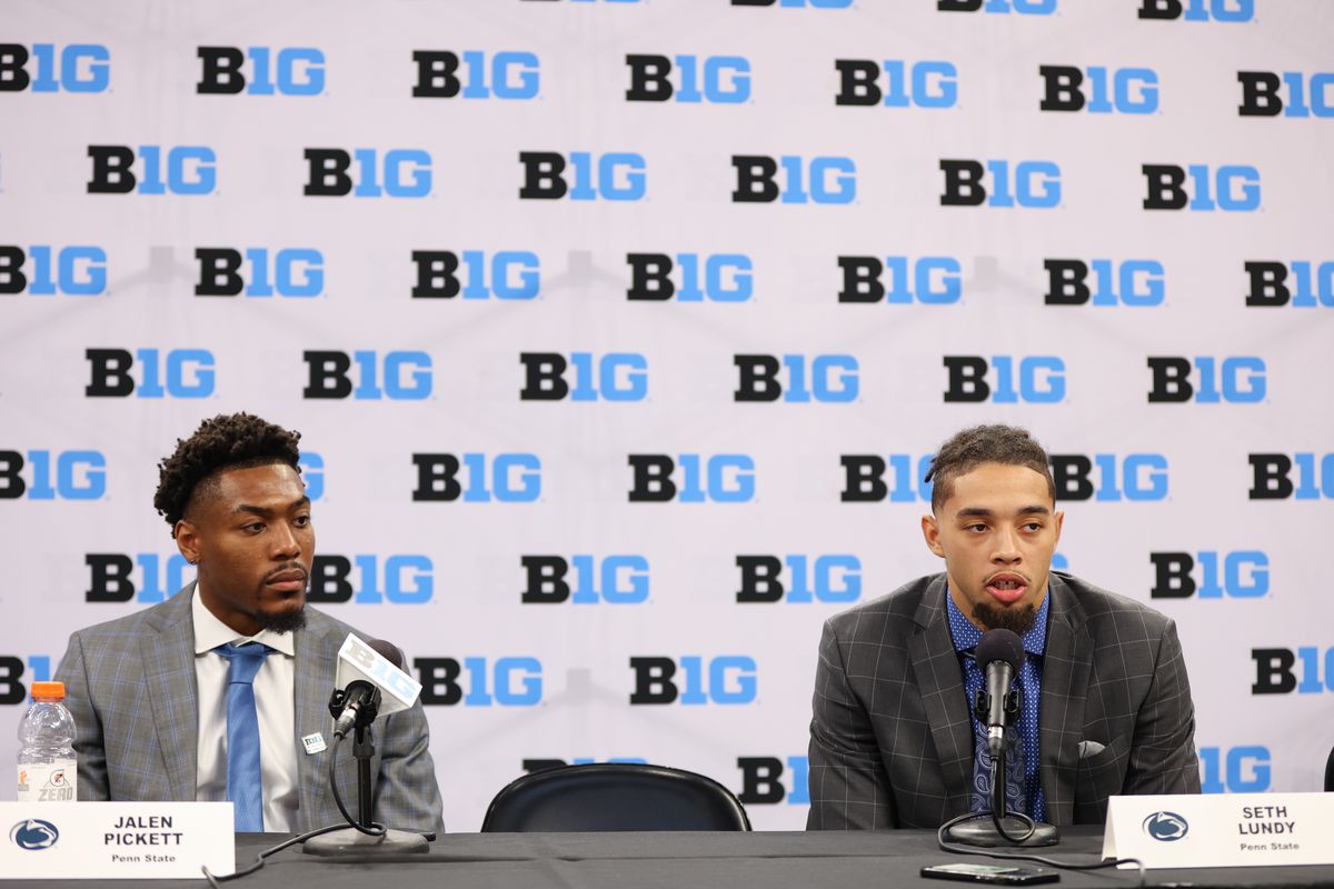 Oct 12, 2022; Minneapolis, Minnesota, US; Penn State Nittany Lions players Jalen Pickett and Seth Lundy speak to the media during the Big Ten Basketball Media Days at Target Center.