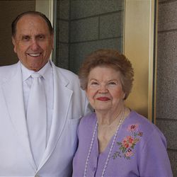 Sister Frances Monson, right, wife of LDS Church President Thomas S. Monson, left.