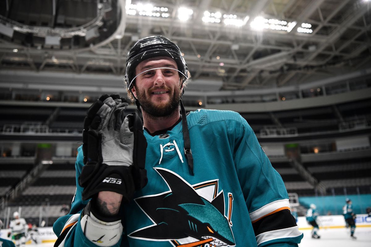 Stefan Noesen #11 of the San Jose Sharks smiles during warmups against the Minnesota Wild at SAP Center on February 22, 2021 in San Jose, California.