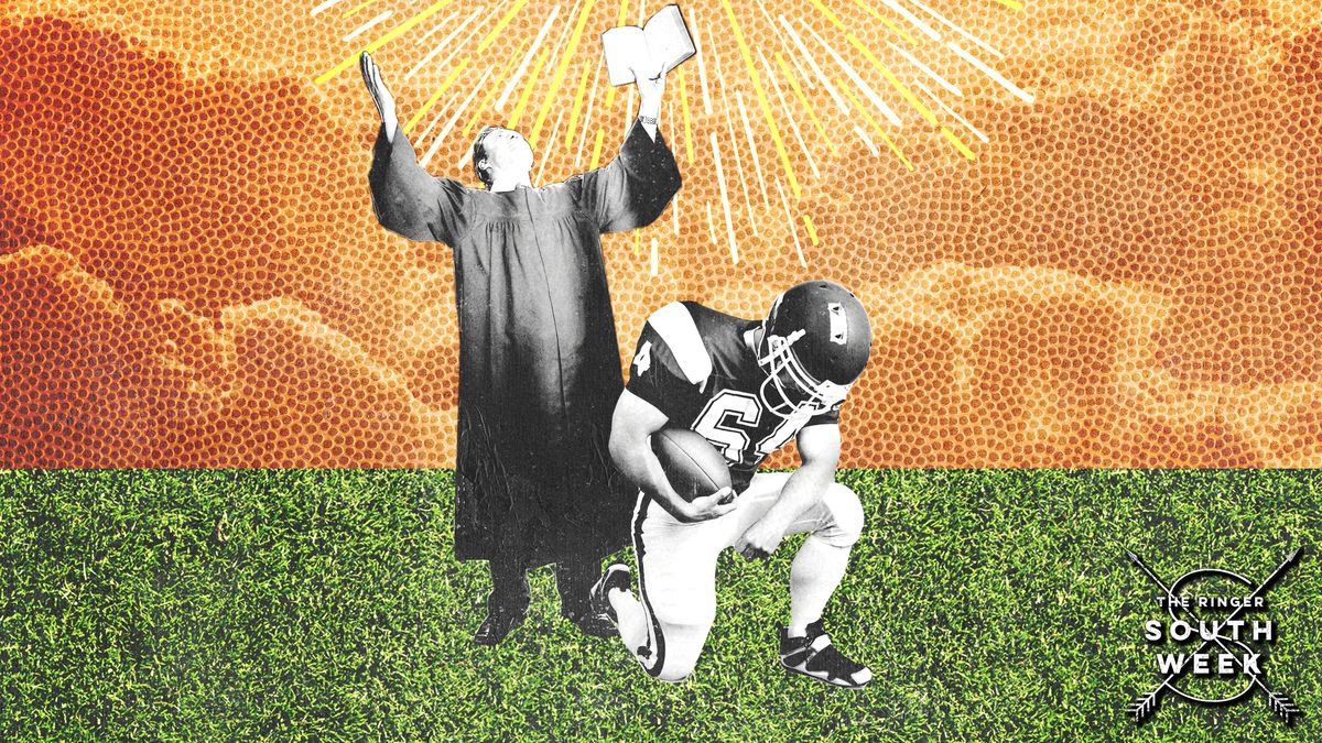 A collage of a football player kneeling in prayer, while a preacher raises a Bible toward the sky.